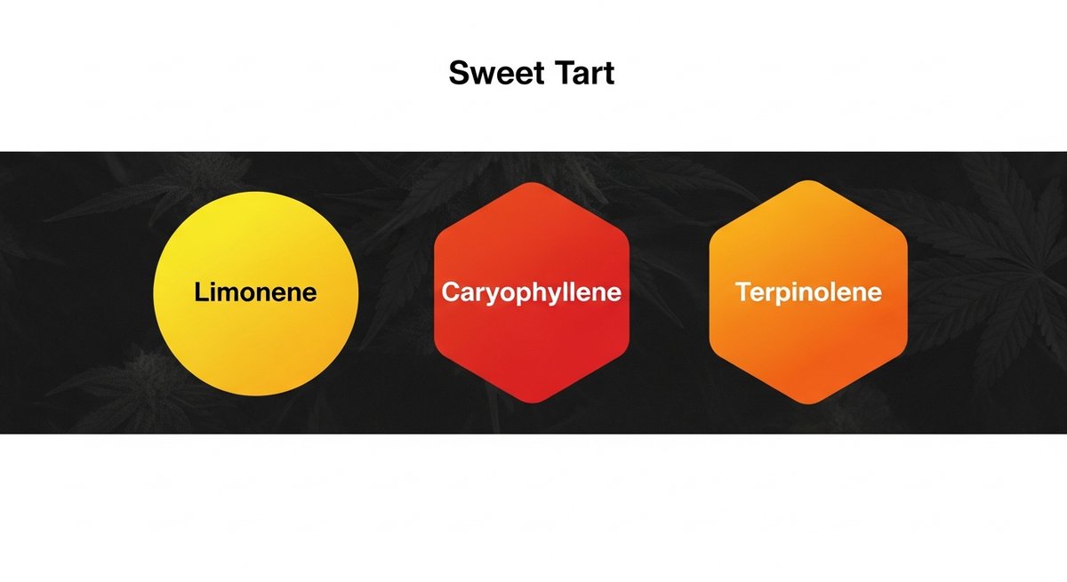 Sweet Tart Strain 2 Terpene profile graphic for Sweet Tart strain showing Limonene in yellow, Caryophyllene in red, and Terpinolene in orange