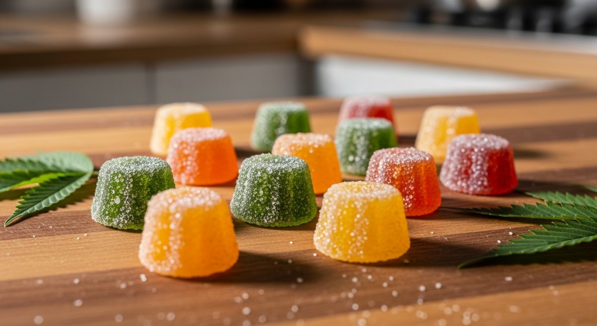 THC Gummies strain vs Vape Carts strain — Which Is Right for You? 4 Colorful THC-infused cannabis gummies on a wooden board with hemp leaves, showcasing edible cannabis format