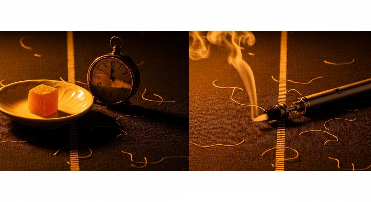 THC Gummies strain vs Vape Carts strain — Which Is Right for You? 6 Side-by-side editorial showing a THC gummy with clock prop versus a vape pen with vapor, illustrating onset differences