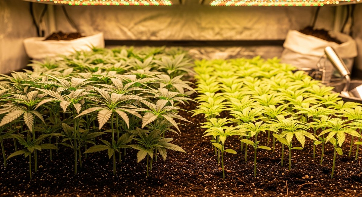 THCA Flower strain vs CBD Flower strain — Which Is Right for You? 6 Two rows of THCA and CBD hemp seedlings growing side by side in dark soil under indoor horticultural lighting