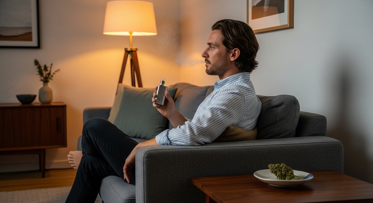 THCA strain vs Delta 9 THC strain — Which Is Right for You? 6 Adult relaxing on a couch in warm lighting with a vaporizer, illustrating the effects experience of cannabis consumption