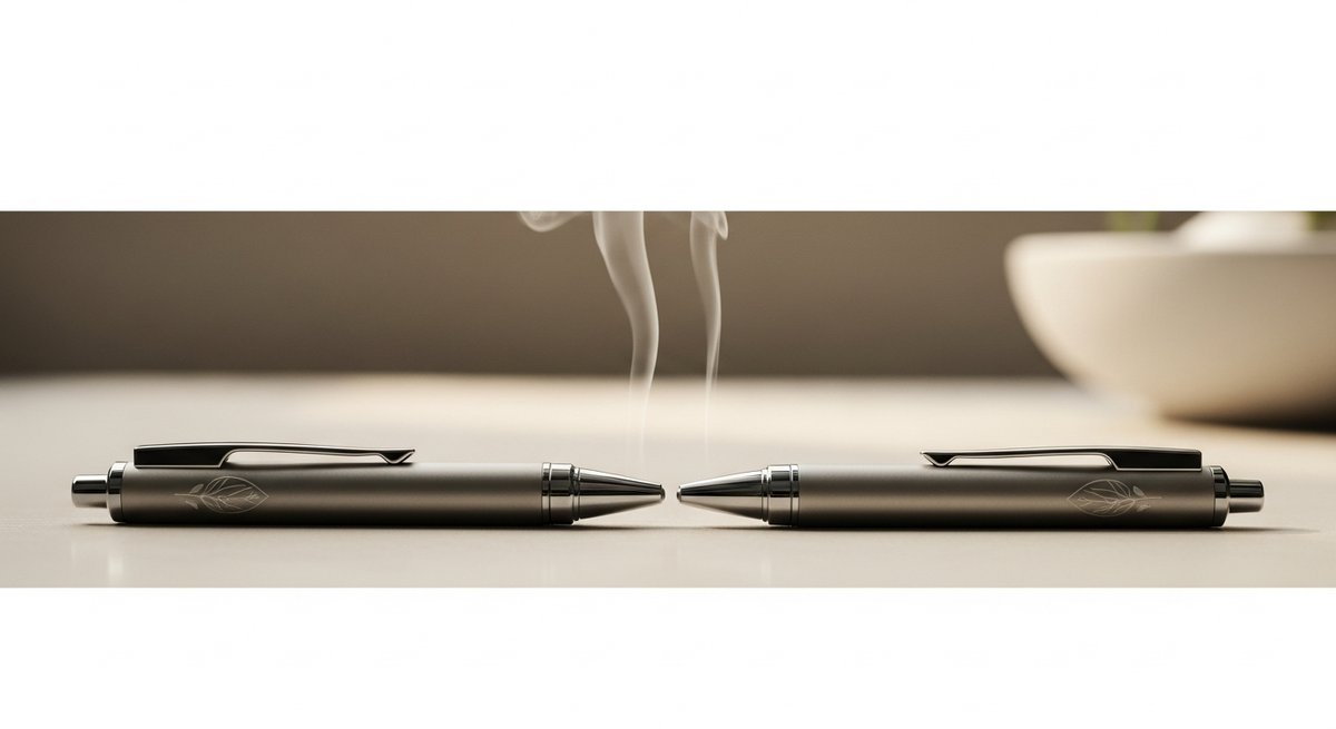THCA Vape strain vs Delta 9 Vape strain — Which Is Right for You? 6 Two sleek vape pens on a calm surface with soft ambient light and a wisp of vapor suggesting fast-acting inhalation effects