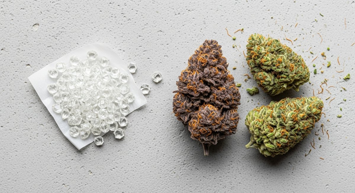 THCA Diamonds strain vs THCA Flower strain — Which Is Right for You? 5 Overhead flat-lay comparing THCA diamond crystals and diverse cannabis flower buds on concrete