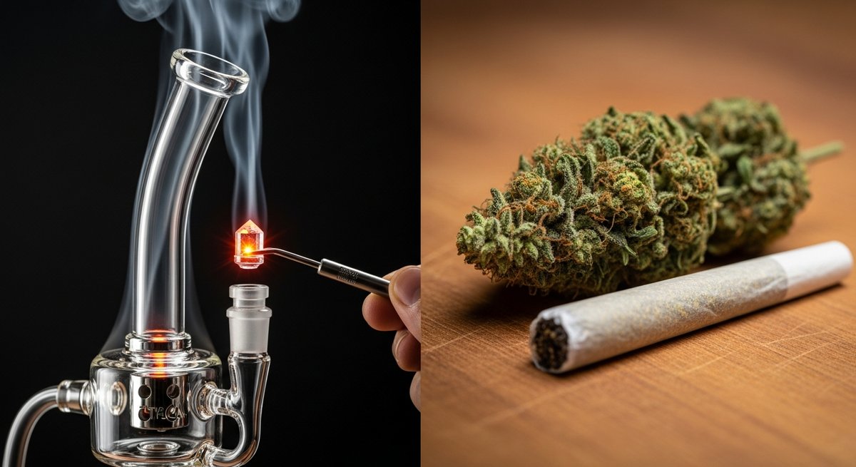 THCA Diamonds strain vs THCA Flower strain — Which Is Right for You? 6 Dab rig with THCA concentrate on the left and cannabis flower with pipe on the right, effects comparison