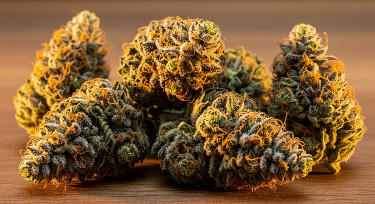 Live Resin strain vs THCA Flower strain — Which Is Right for You? 5 Dense THCA cannabis flower buds covered in white crystalline trichomes arranged on a natural wood surface