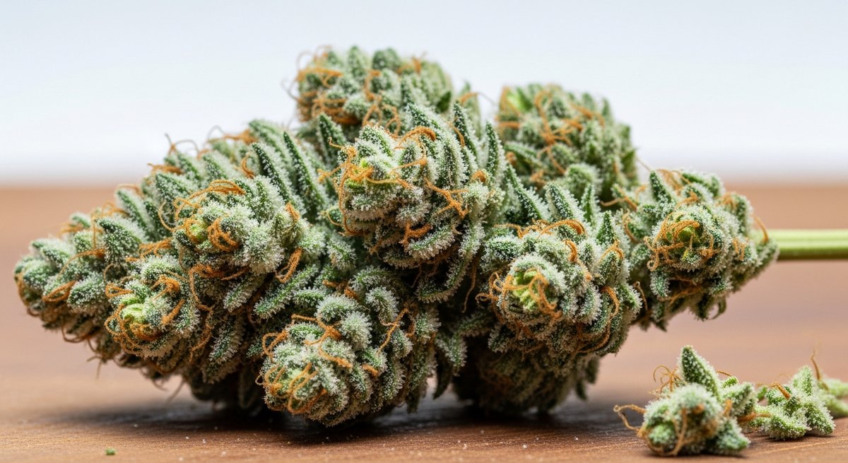 THCA Flower strain vs Delta 8 Flower strain — Which Is Right for You? 4 Macro close-up of trichome-rich THCA cannabis flower buds on a natural wood surface