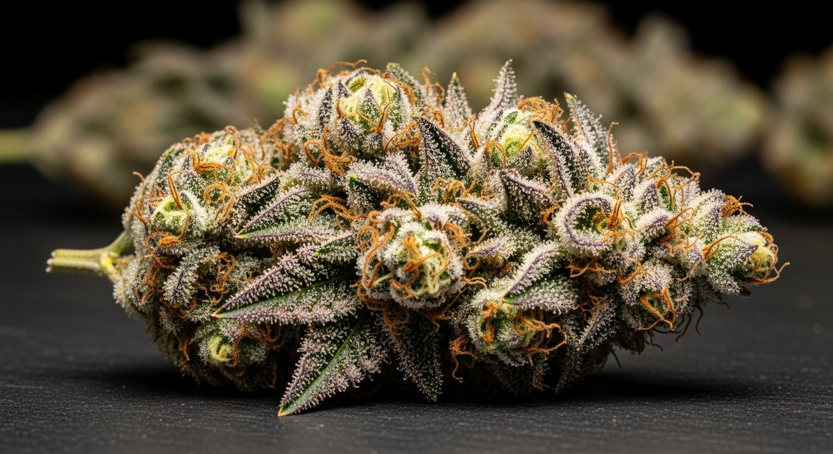 THCA Flower strain vs CBD Flower strain — Which Is Right for You? 4 Macro shot of a dense THCA hemp flower bud covered in thick white trichomes on a dark slate surface