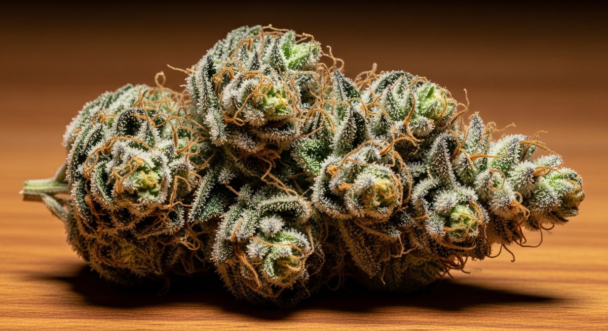 THCA Flower strain vs Hemp Flower strain — Which Is Right for You? 4 Macro close-up of a trichome-rich THCA cannabis flower bud on natural wood under studio lighting