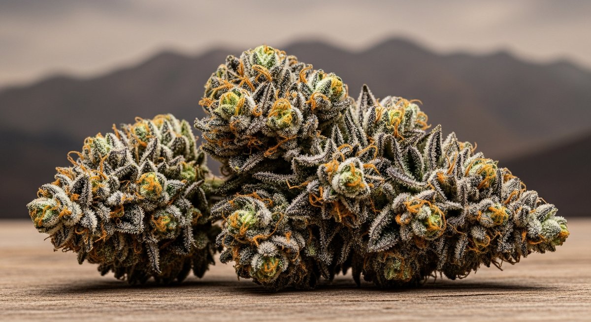 THCA Indica strain vs THCA Sativa strain — Which Is Right for You? 4 Dense trichome-heavy indica cannabis buds on wood surface with blurred mountain landscape behind them