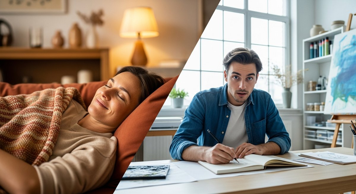 THCA Indica strain vs THCA Sativa strain — Which Is Right for You? 5 Split scene showing relaxed person on sofa left and alert creative person at desk right illustrating indica vs sativa effects