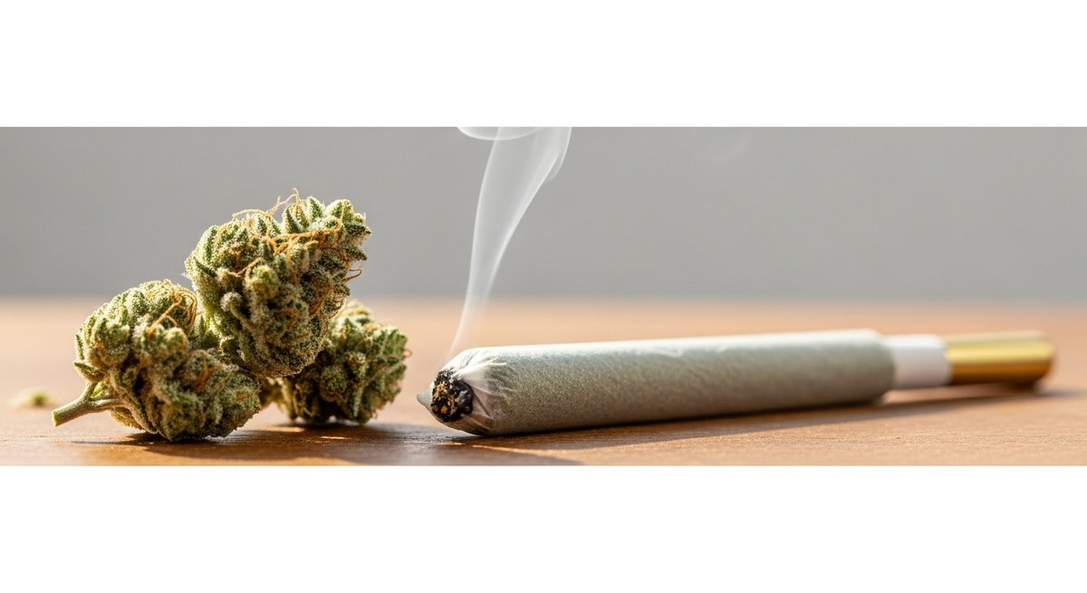 THCA Prerolls strain vs Delta 9 Prerolls strain — Which Is Right for You? 4 THCA preroll on wood surface beside raw cannabis buds rich in trichomes, wisp of smoke showing decarboxylation process