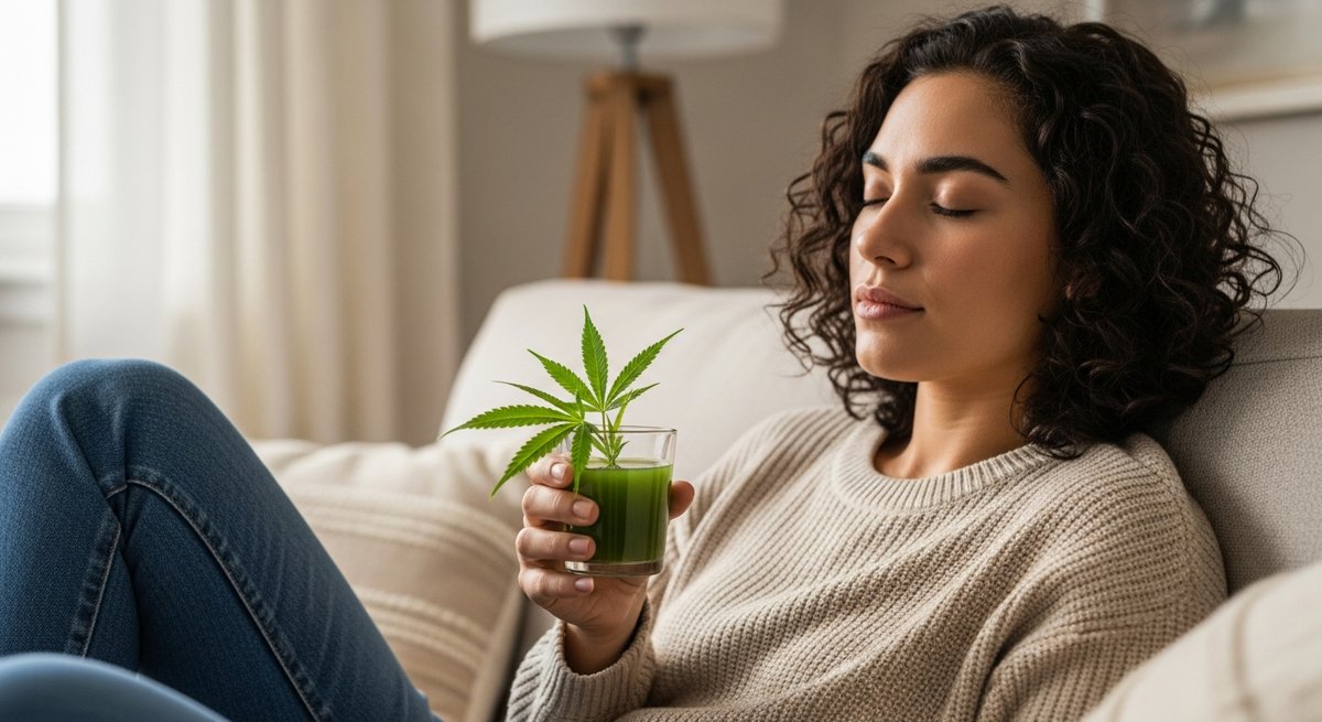 THCA strain vs THC strain — Which Is Right for You? 6 Relaxed adult holding a raw cannabis green juice in a calm living room, representing non-intoxicating THCA use for anxiety