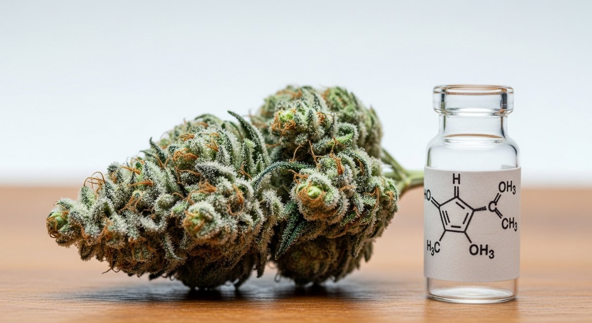 THCA strain vs Delta 9 THC strain — Which Is Right for You? 4 Raw cannabis flower dense with white THCA trichomes beside a glass vial, illustrating the unheated cannabinoid form