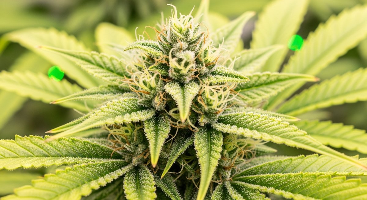 THCA strain vs THC strain — Which Is Right for You? 4 Macro shot of a living cannabis plant covered in milky THCA trichomes in an indoor grow environment