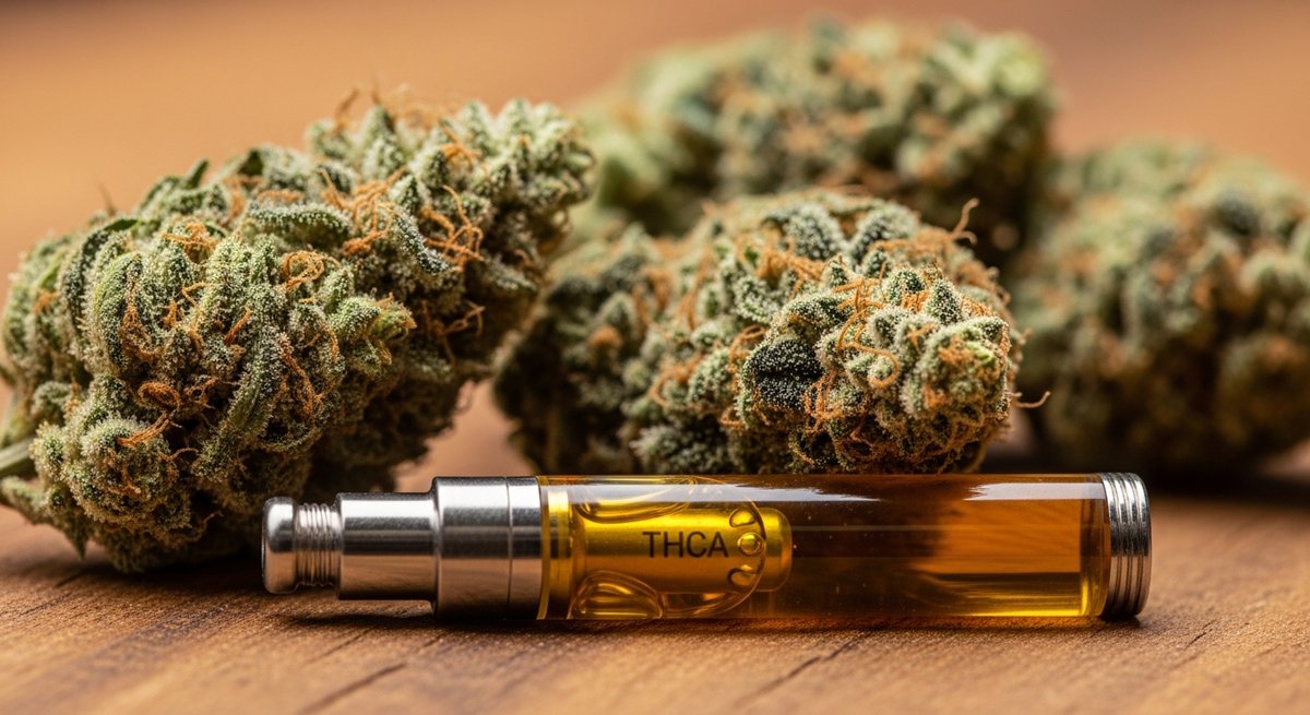 THCA Vape strain vs Delta 9 Vape strain — Which Is Right for You? 4 THCA vape cartridge with amber oil beside raw cannabis buds with crystalline trichomes on a wooden surface