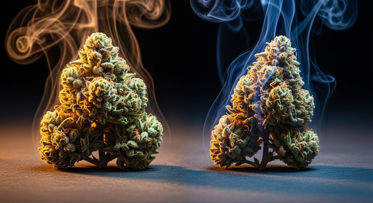 THCA Flower strain vs Delta 8 Flower strain — Which Is Right for You? 6 Two cannabis bud samples with contrasting lighting and vapor wisps illustrating the potency difference in effects