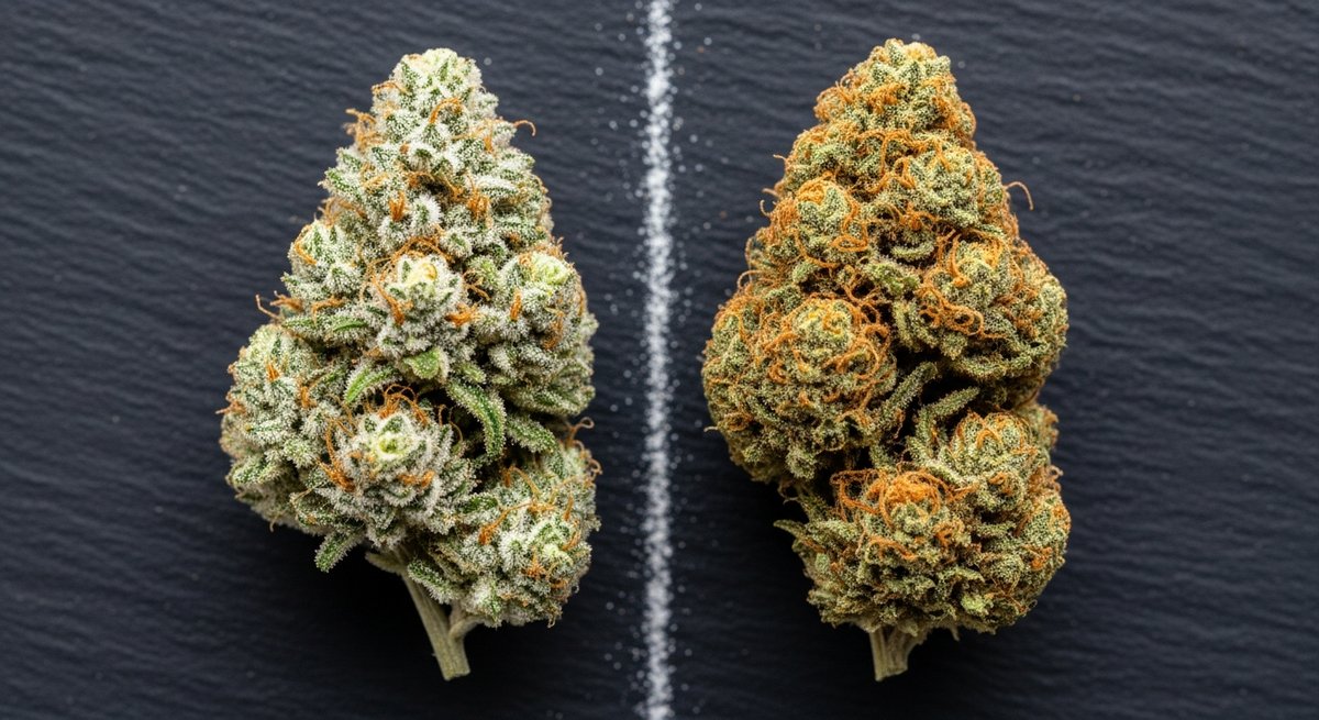 THCA strain vs Delta 9 THC strain — Which Is Right for You? 5 Overhead side-by-side comparison of a THCA-rich bud and a Delta 9 THC bud showing contrasting trichome color and texture