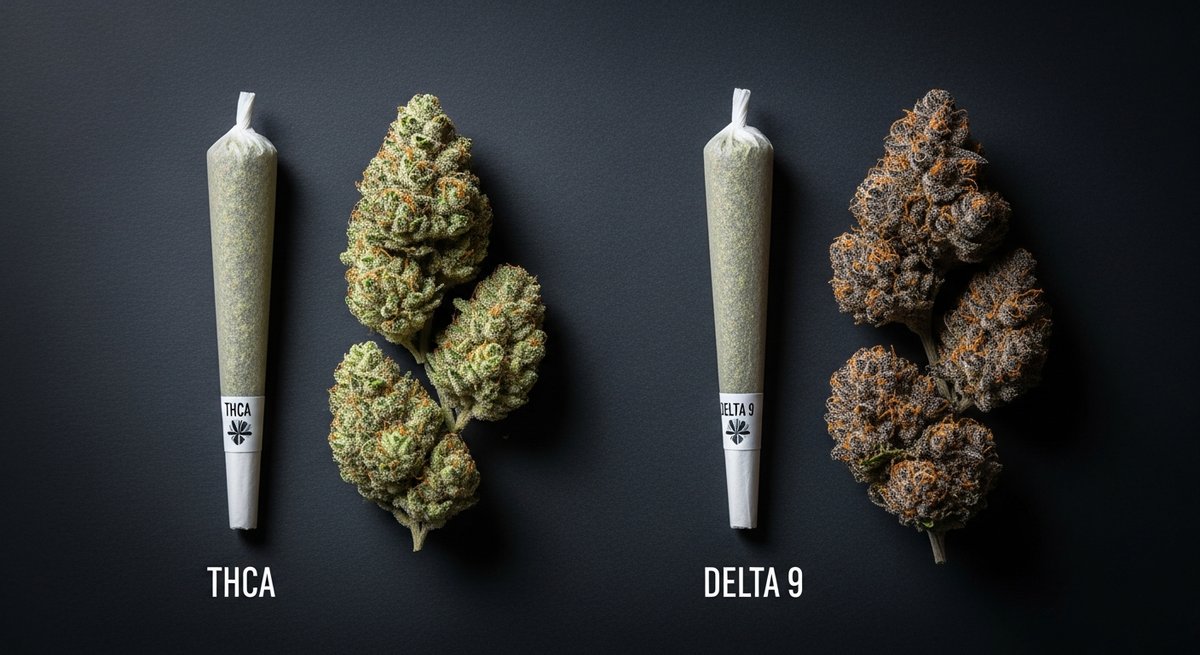 THCA Prerolls strain vs Delta 9 Prerolls strain — Which Is Right for You? 5 Overhead flat lay of THCA and Delta 9 prerolls with their respective cannabis flowers showing color and texture differences
