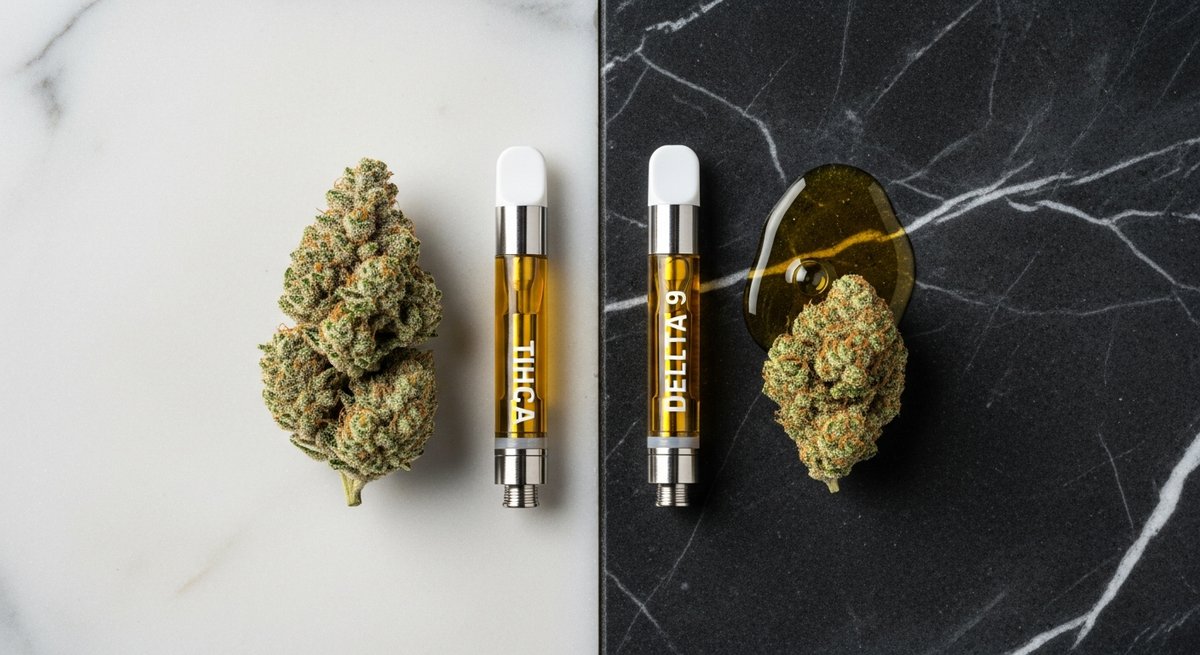 THCA Vape strain vs Delta 9 Vape strain — Which Is Right for You? 5 THCA and Delta 9 vape cartridges on split marble surface flanked by raw buds and golden extract showing key differences