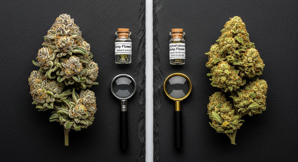 THCA Flower strain vs Hemp Flower strain — Which Is Right for You? 6 Flat-lay comparison of a high-THCA cannabis bud and a hemp flower bud on dark stone with specimen jars