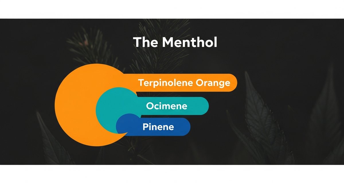The menthol Strain 2 Terpene profile graphic for The Menthol strain showing Terpinolene in orange, Ocimene in teal, and Pinene in blue