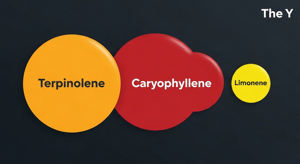 The Y Strain 2 Terpene profile graphic for The Y strain showing Terpinolene in orange, Caryophyllene in red, and Limonene in yellow