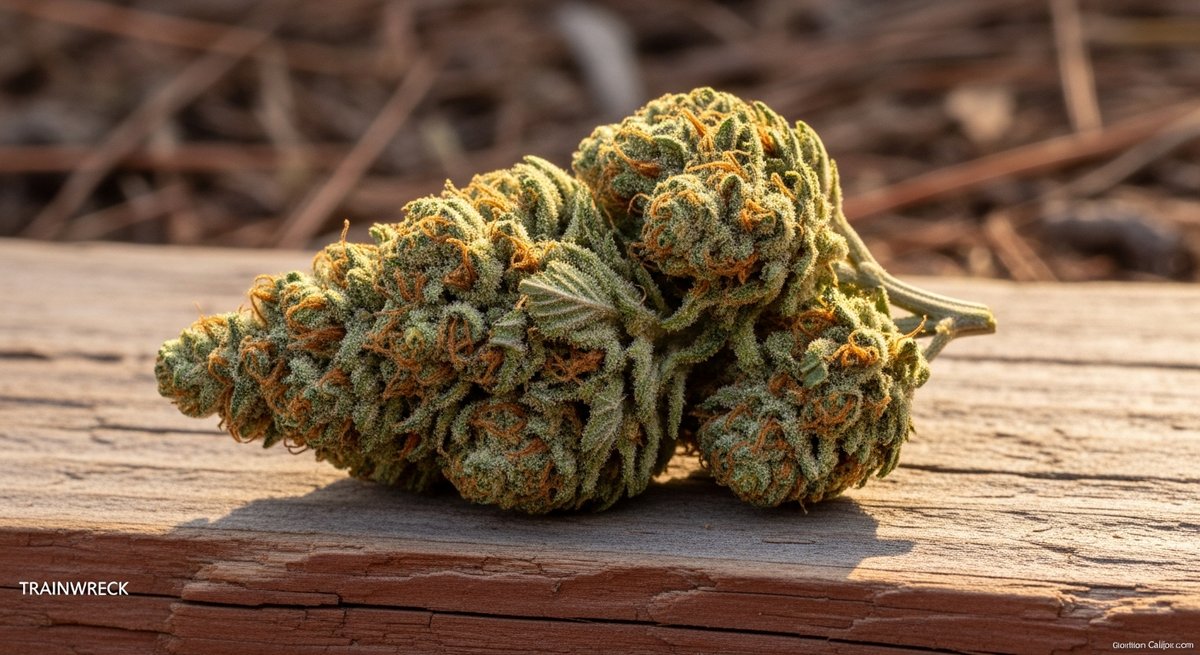 Ghost Train Haze vs Trainwreck — Which Is Right for You? 5 Trainwreck cannabis bud with amber pistils on a weathered redwood plank in natural side lighting
