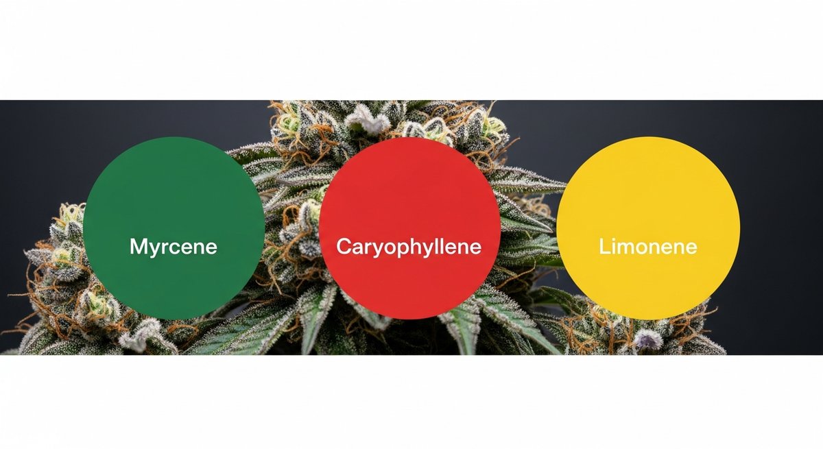 Trap Star Strain 2 Terpene profile graphic for Trap Star showing Myrcene in green, Caryophyllene in red, and Limonene in yellow
