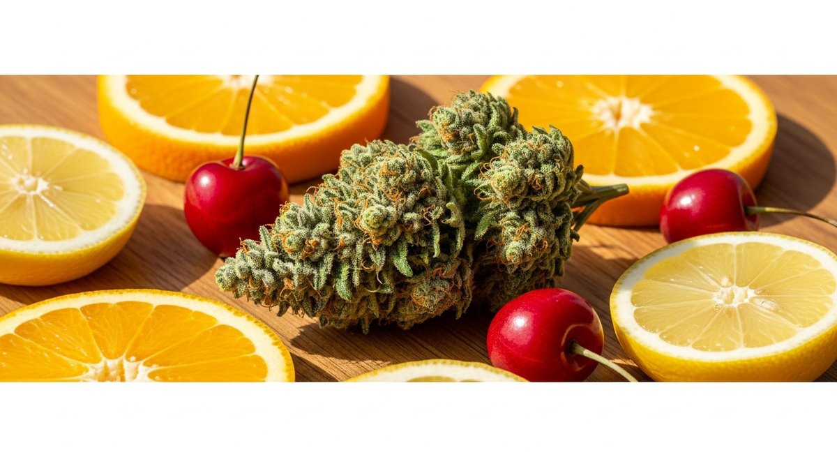 Super Boof strain vs Tropicana Cherry strain — Which Is Right for You? 5 Tropicana Cherry cannabis bud with bright orange pistils surrounded by fresh citrus slices and cherries on natural wood
