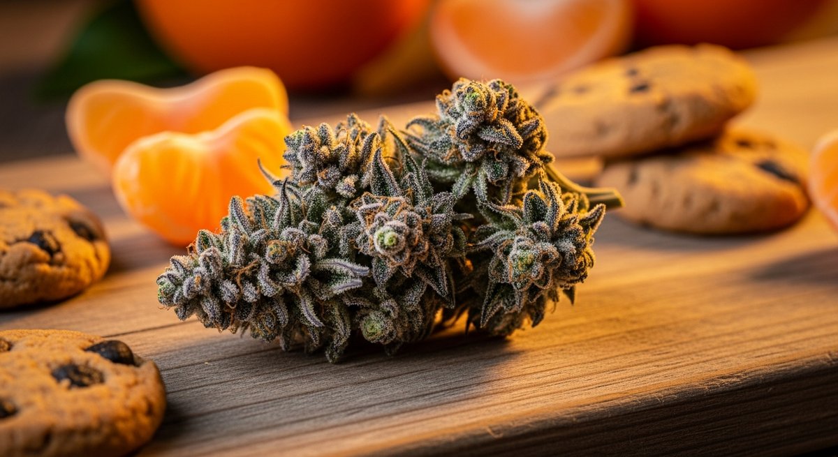 Tropicana Cookies vs Orange Cream — Which Is Right for You? 4 Tropicana Cookies cannabis bud with tangerine slices and cookies on a wooden surface illustrating its GSC and Tangie lineage