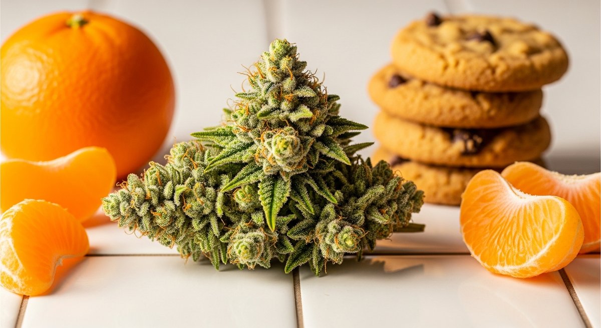 Zkittlez vs Tropicana Cookies — Which Is Right for You? 5 Macro editorial shot of a Tropicana Cookies bud with orange pistils beside mandarin segments and cookies on ceramic tile