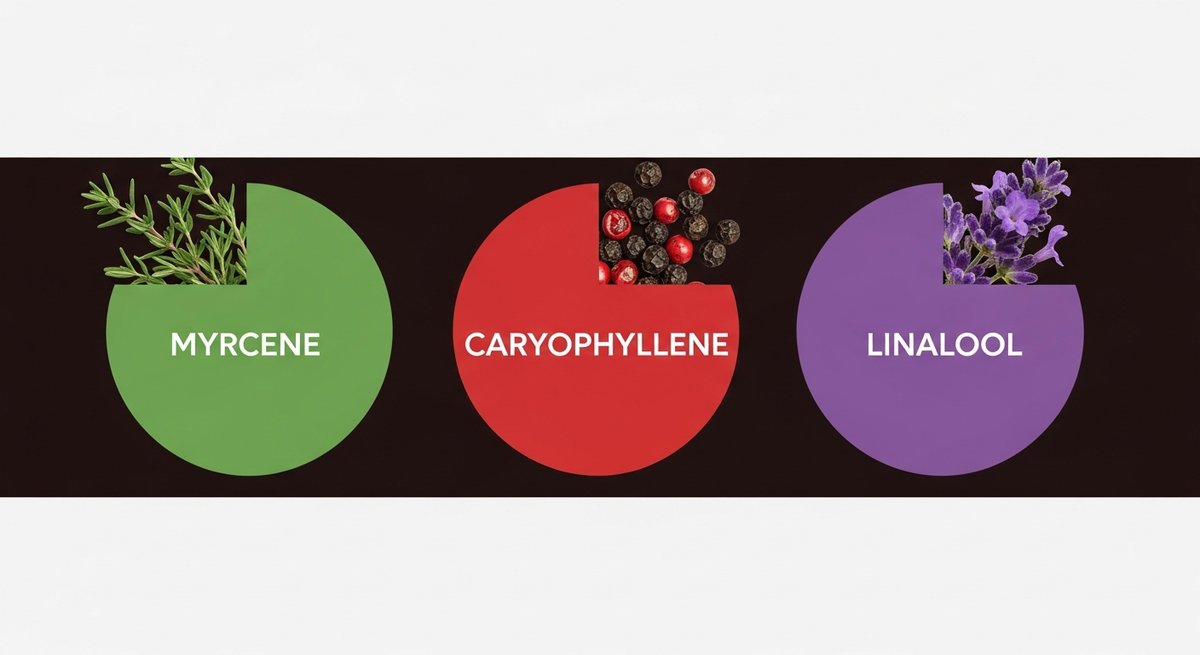 Trueberry Strain 2 Terpene profile graphic for Trueberry showing Myrcene in green, Caryophyllene in red, and Linalool in purple
