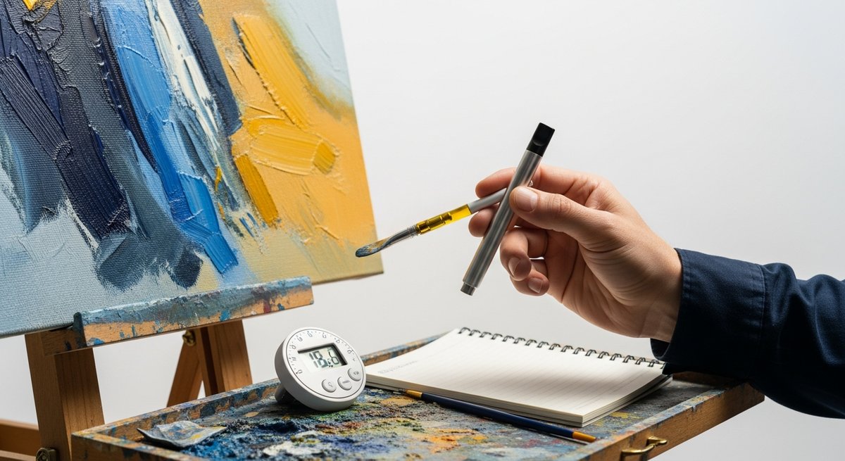 Best Carts for Creativity: Strains for Painters Makers and Writers 6 Adult hand holding a vape cartridge pen beside a colorful oil painting on an easel in a studio setting