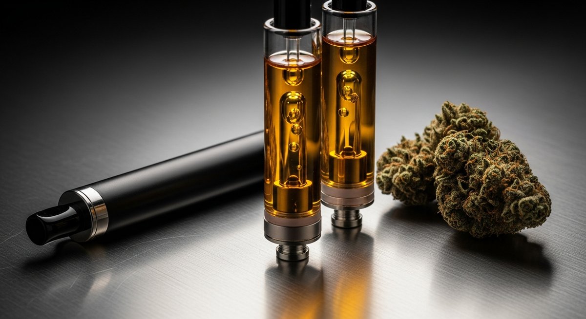 THC Gummies strain vs Vape Carts strain — Which Is Right for You? 5 Glass cannabis vape cartridges with golden oil and a battery pen on a gunmetal surface under studio lighting