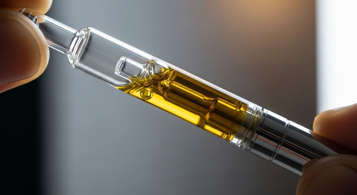Vape Carts strain vs Prerolls strain — Which Is Right for You? 4 Close-up of a cannabis vape pen cartridge filled with golden amber THC distillate oil held against a neutral background