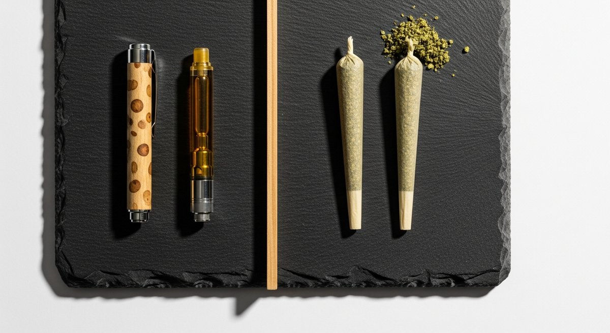 Vape Carts strain vs Prerolls strain — Which Is Right for You? 6 Flat-lay comparison of a vape cartridge pen on the left and prerolled joints with flower on the right on dark slate