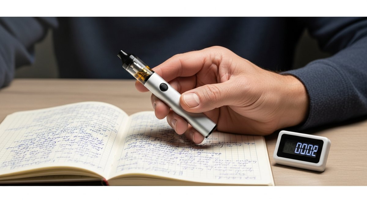 How to Vape for Brainstorming Without Losing the Thread 9 Adult hand holding a slim vape pen over a notebook beside a timer, illustrating careful dose pacing during a creative session