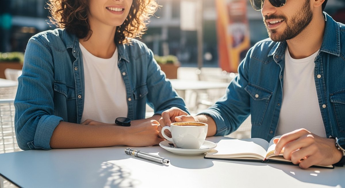 Disposable Vapes strain vs 510 Thread Carts strain — Which Is Right for You? 6 Adult at an outdoor café table with a vape pen, coffee, and notebook in bright daytime sunlight suggesting energy