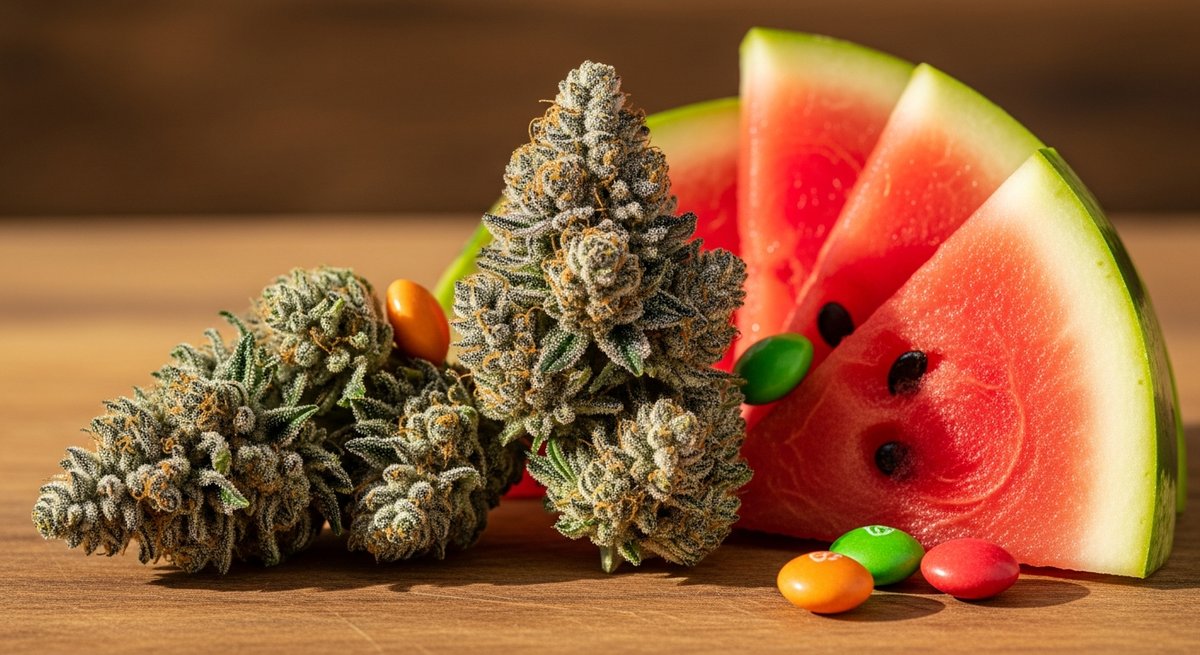 Watermelon Zkittlez strain vs Zkittlez strain — Which Is Right for You? 4 Dense Watermelon Zkittlez cannabis buds beside fresh sliced watermelon on a wooden surface with warm lighting