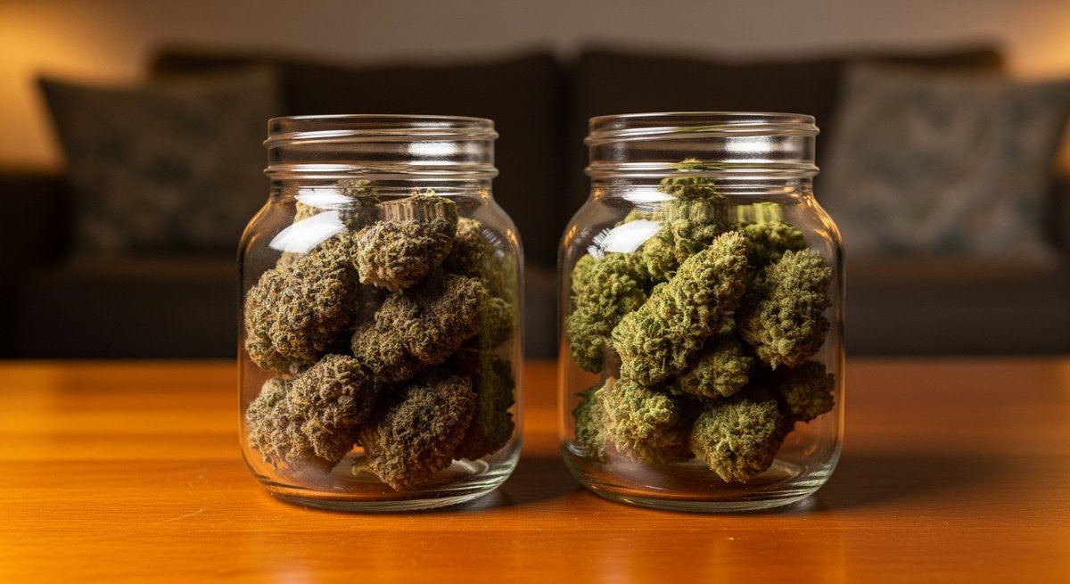 Watermelon Zkittlez strain vs Zkittlez strain — Which Is Right for You? 6 Two jars of contrasting cannabis buds on a wooden table in a cozy living room, illustrating differing effects of each strain