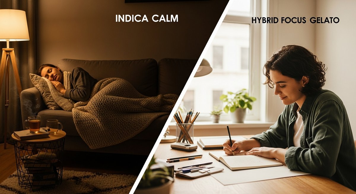 Wedding Cake strain vs Gelato strain — Which Is Right for You? 6 Side-by-side scenes showing relaxed sofa comfort and creative desk focus, illustrating Wedding Cake vs Gelato effects.