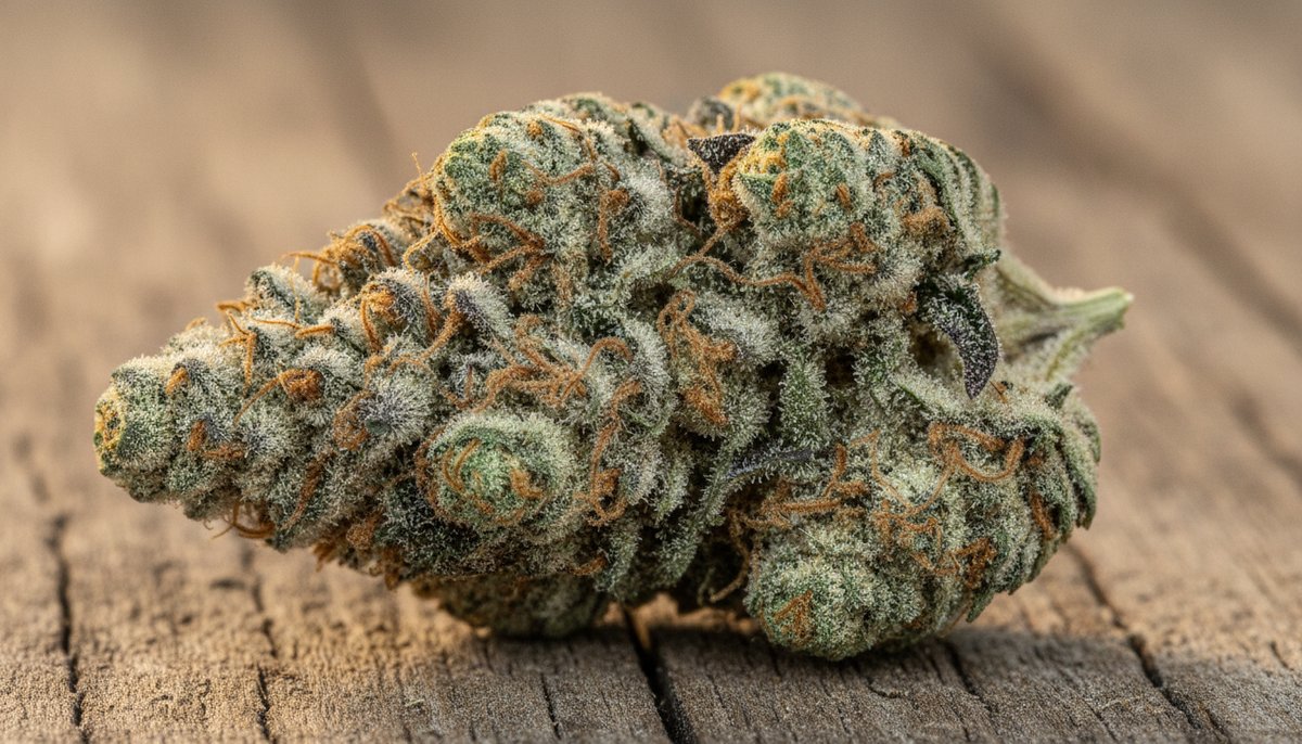 Wedding Cake strain vs Gelato strain — Which Is Right for You? 4 Close-up of a frosty Wedding Cake cannabis bud on wood, showing dense trichomes, purple-green leaves, and amber pistils.