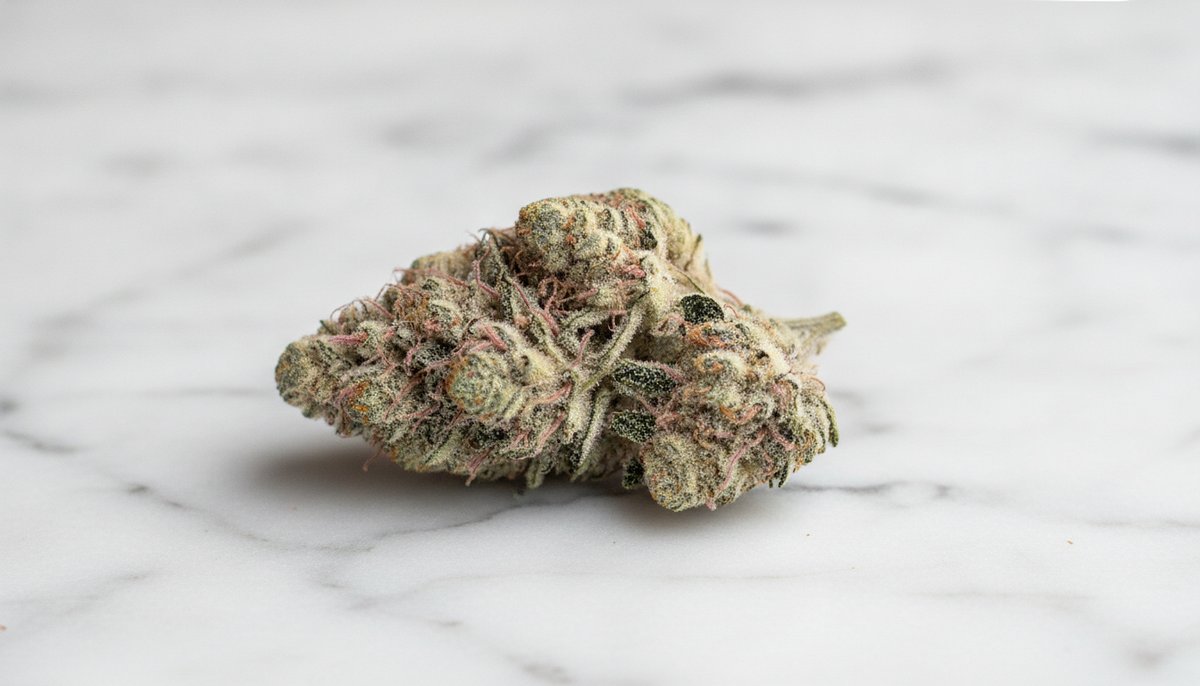 Girl Scout Cookies vs Wedding Cake — Which Is Right for You? 5 Wedding Cake cannabis bud heavily coated in white trichomes on elegant white marble, soft studio lighting