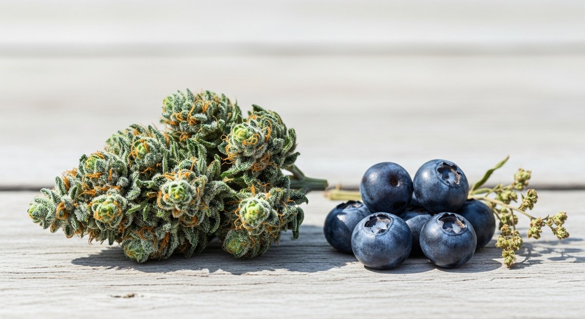 Blue Dream vs OG Kush — Which Is Right for You? 4 Blue Dream cannabis bud on light wood with fresh blueberries, evoking its Blueberry Haze lineage