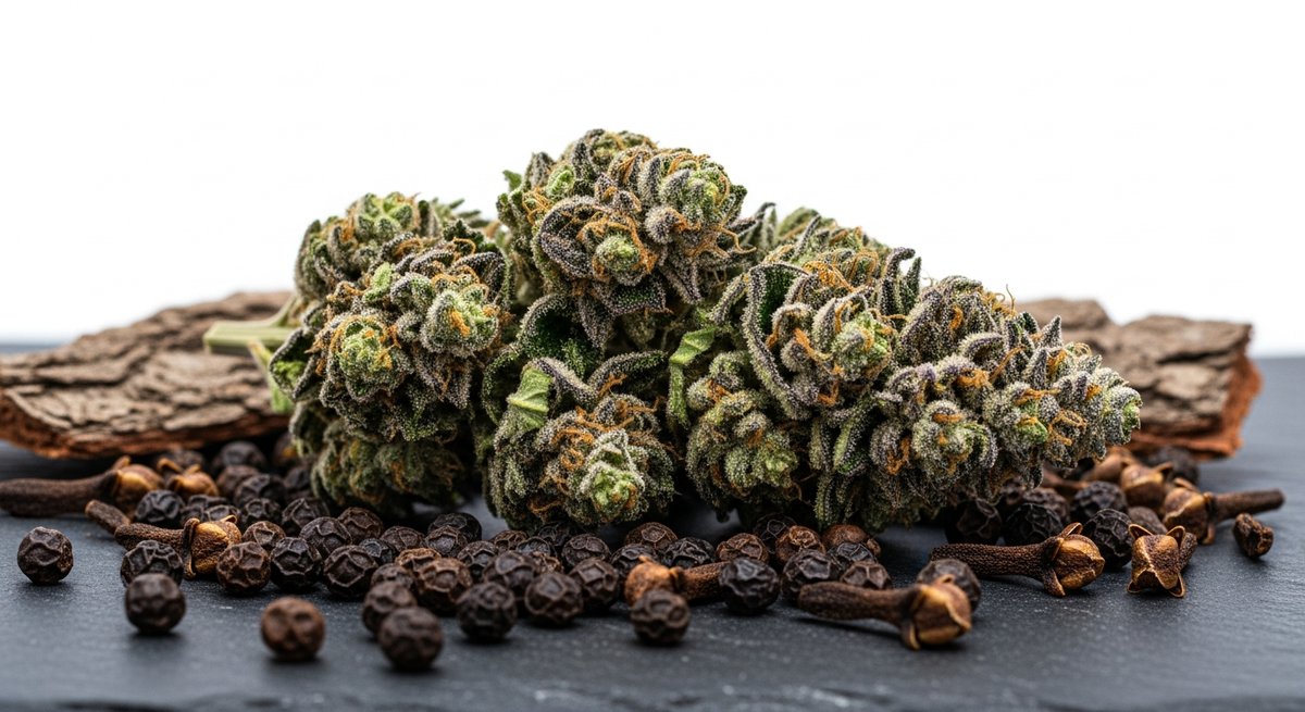 Myrcene strain vs Caryophyllene strains strain — Which Is Right for You? 5 Caryophyllene-dominant cannabis buds with black peppercorns and cloves evoking the terpene's spicy peppery aroma