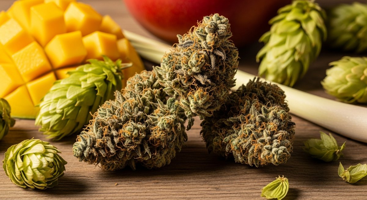 Myrcene strain vs Caryophyllene strains strain — Which Is Right for You? 4 Myrcene-rich cannabis buds with mango, hops, and lemongrass props highlighting the terpene's earthy tropical aroma
