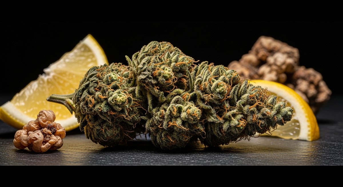Blue Dream vs OG Kush — Which Is Right for You? 5 Dense OG Kush bud on dark stone with lemon and pine resin, nodding to its Chemdawg Lemon Thai lineage