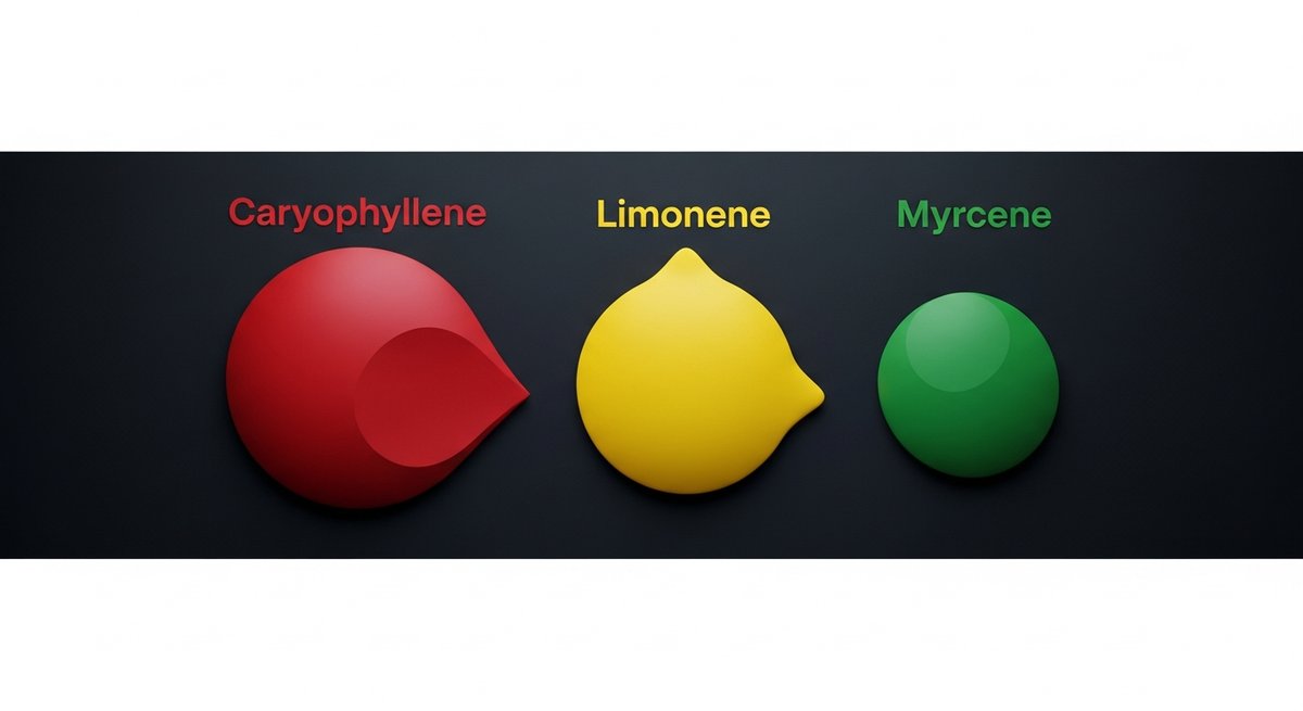 White Wedding Strain 2 Terpene profile graphic for White Wedding showing Caryophyllene in red, Limonene in yellow, and Myrcene in green
