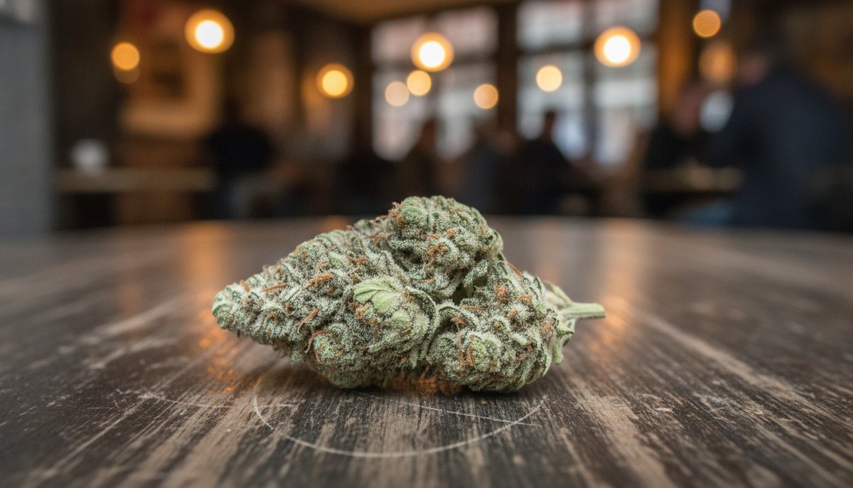 Gorilla Glue vs White Widow — Which Is Right for You? 5 Frosted White Widow cannabis bud on a worn wooden café table with warm amber bokeh lighting evoking Dutch coffeeshop culture