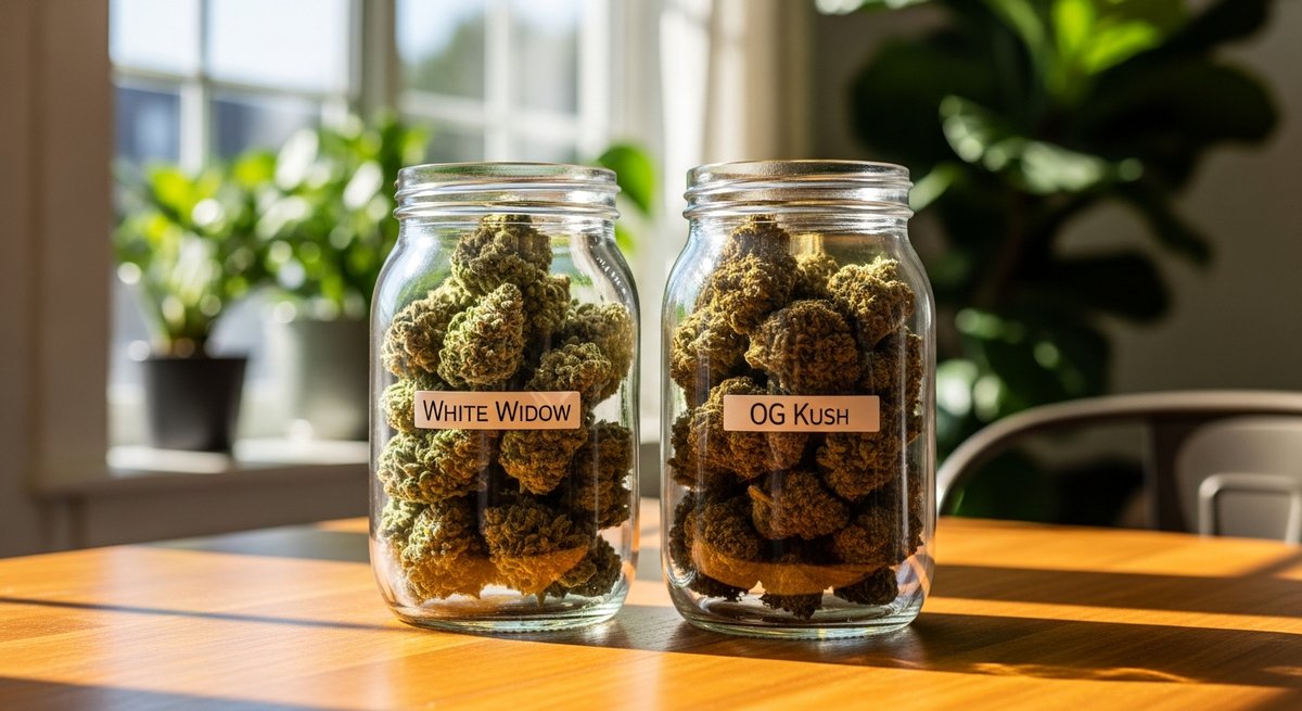 White Widow strain vs OG Kush strain — Which Is Right for You? 6 Two cannabis jars with White Widow and OG Kush flower on a sunlit wooden table for effects comparison